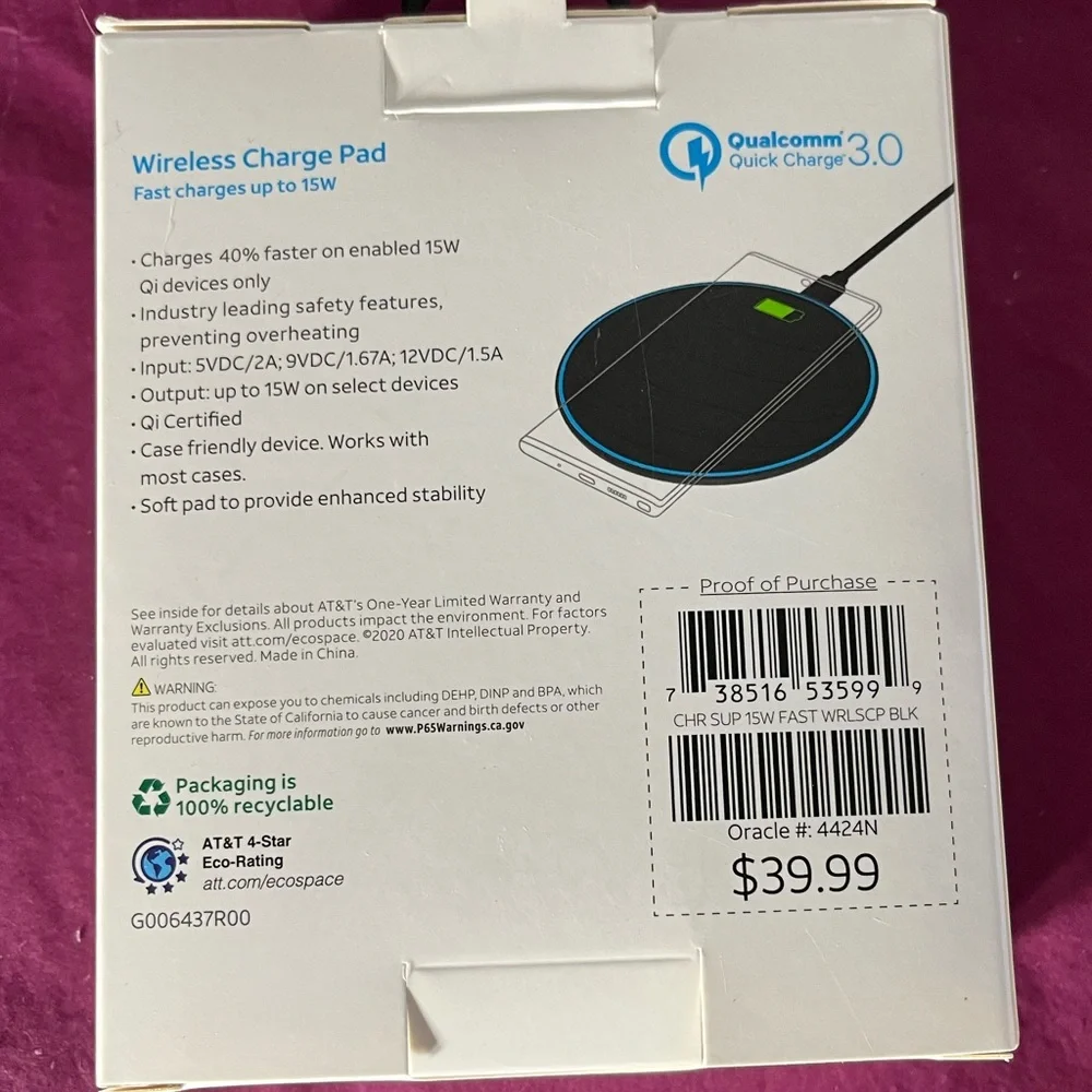 AT&T wireless charge pad. Fast charges up to 15w.